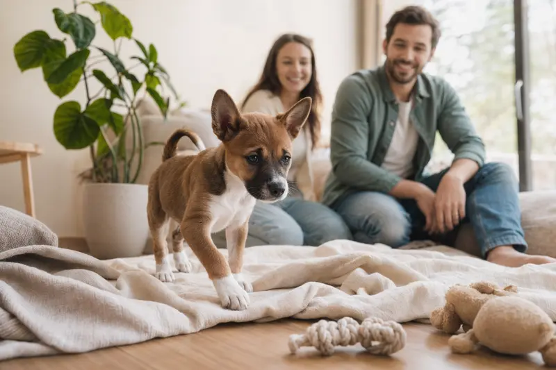 Ein neugieriger Basenji Welpe entdeckt seine neue Umgebung mit einer weichen Decke und Spielzeug sowie seiner liebevollen Familie im Hintergrund.