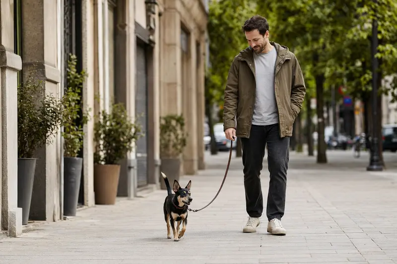 Ein baskischer Ratero Hund läuft entspannt an der Leine mit seinem Besitzer durch eine moderne Stadtstraße.