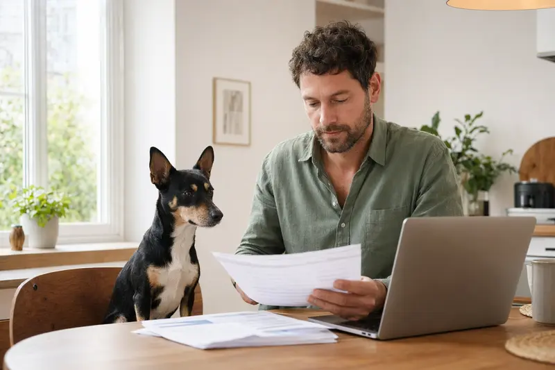 Ein ruhiger Baskischer Ratero Hund sitzt neben seinem Besitzer am Küchentisch, während Versicherungsunterlagen und ein Laptop auf dem Tisch liegen.