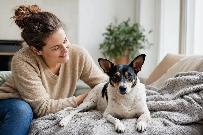 Ein baskischer Ratero Hund mit leichtem Verband an der Pfote entspannt neben seinem Besitzer auf einer Decke in einer hellen Wohnung.