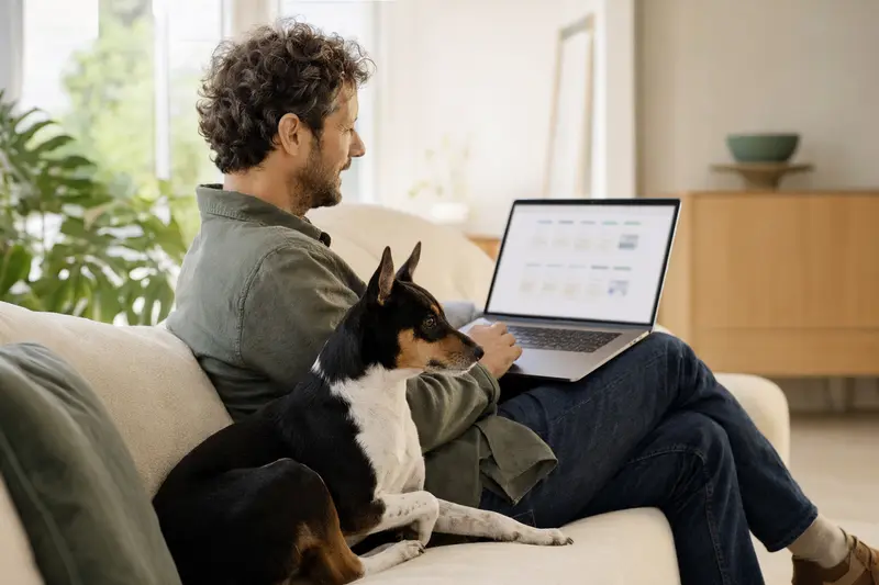 Ein Hundebesitzer sitzt entspannt auf dem Sofa mit einem Laptop, während ein Baskischer Ratero neben ihm sitzt und eine neutrale Versicherungsvergleichs-Oberfläche im Hintergrund sichtbar ist.