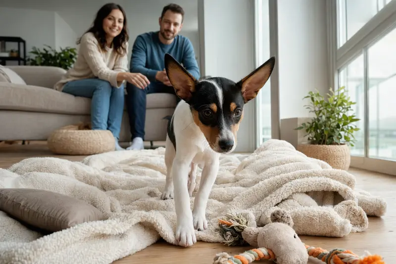 Ein junger Baskischer Ratero Welpe erkundet neugierig seine weiche Decke und Spielzeuge, während eine liebevolle Familie im Hintergrund zu sehen ist.
