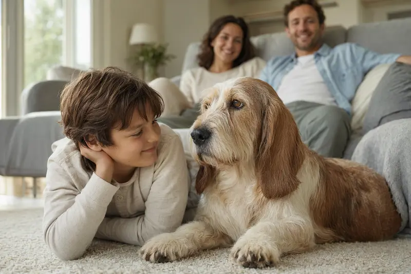 Ein entspannter Basset artésien normand Hund liegt neben einem Kind im Wohnzimmer, umgeben von einer positiven Familienatmosphäre.