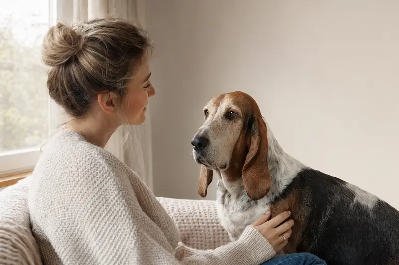 Ein Basset artésien normand Hund steht aufmerksam vor einem neutralen Hintergrund und zeigt seine typische Körperform.