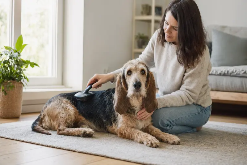 Ein Basset artésien normand wird liebevoll zu Hause gebürstet, was die Bedeutung von Fellpflege für die Gesundheit des Haustiers verdeutlicht.