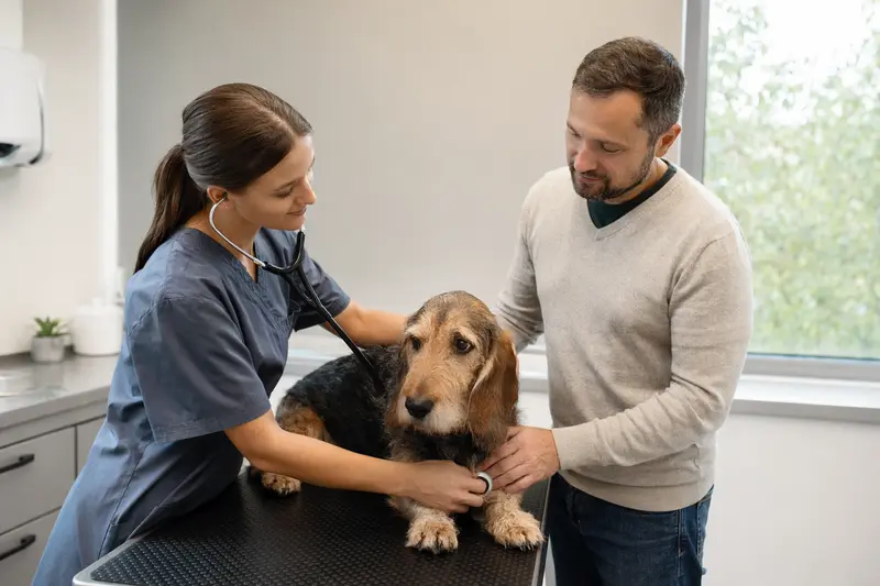 Ein ruhiger Basset artésien normand Hund wird von einer freundlichen Tierärztin mit einem Stethoskop in einer modernen Praxis untersucht, während der Besitzer beruhigend daneben steht.