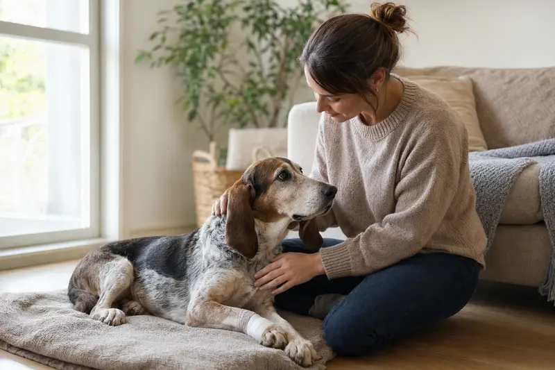 Ein Basset artésien normand mit einem leichten Verband an der Pfote entspannt auf einer Decke, während sein erleichterter Besitzer neben ihm sitzt.