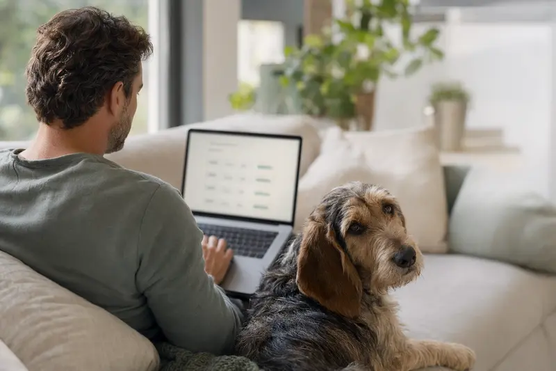 Besitzer mit Laptop auf dem Sofa, Basset artésien normand Hund daneben, zeigt eine neutrale Versicherungsvergleichsoberfläche.