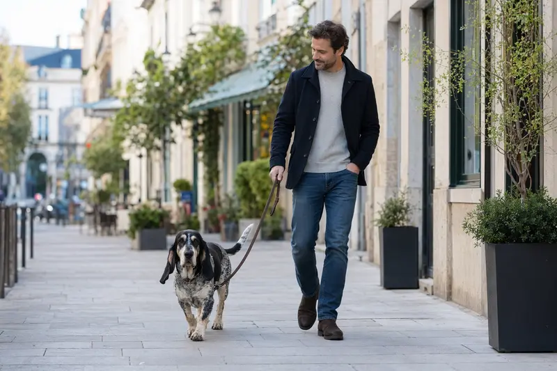 Ein Basset Bleu de Gascogne spaziert entspannt an der Leine mit seinem Besitzer durch eine moderne Stadtstraße.