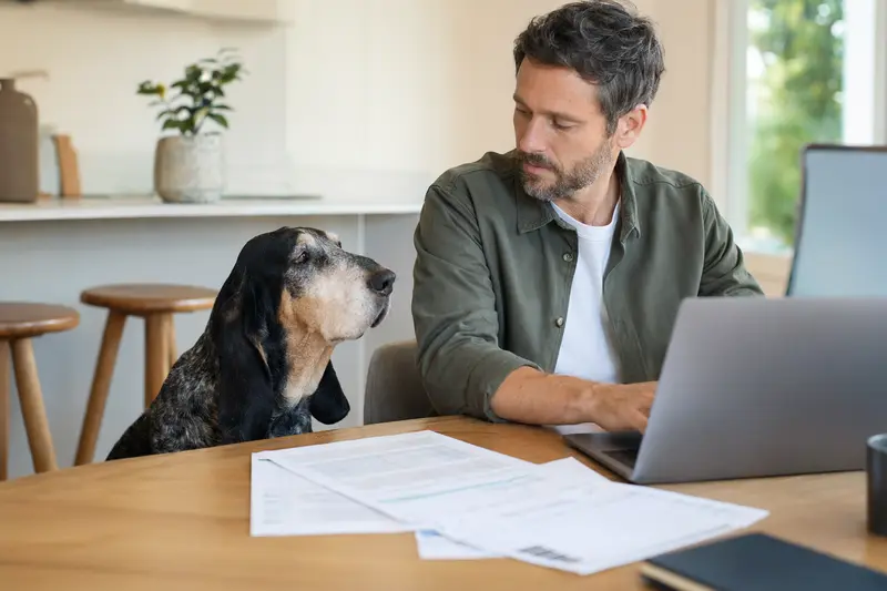 Ein Basset Bleu de Gascogne sitzt neben seinem Besitzer am Küchentisch, auf dem Versicherungsunterlagen und ein Laptop liegen.