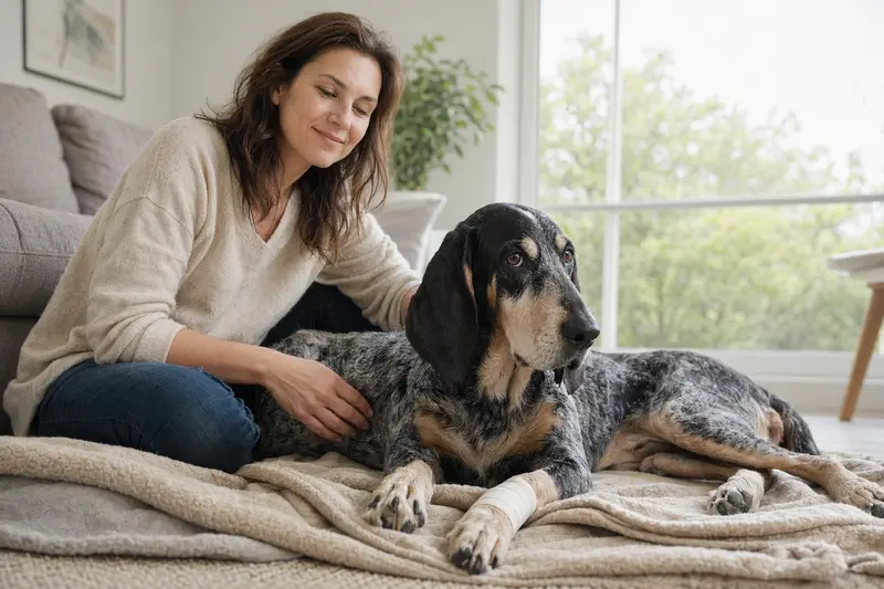 Ein Basset Bleu de Gascogne Hund mit einem leichten Verband liegt entspannt auf einer Decke, während sein erleichterter Besitzer neben ihm sitzt.