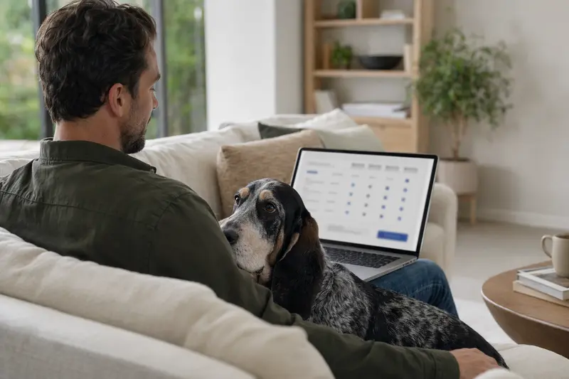 Ein Hundebesitzer sitzt mit Laptop auf dem Sofa, daneben ein Basset Bleu de Gascogne und ein Versicherungsvergleich auf dem Bildschirm.