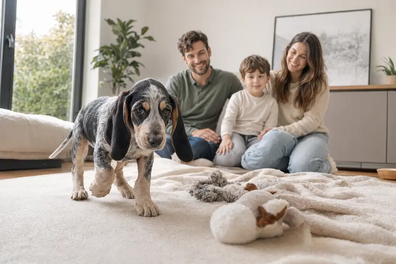 Ein neugieriger Basset Bleu de Gascogne Welpe erkundet sein neues Zuhause mit einer weichen Decke und Spielzeug im Hintergrund.