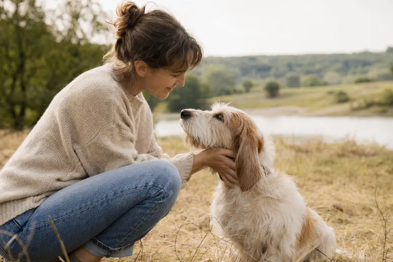Ein Basset d'Artois Hund steht aufmerksam vor neutralem Hintergrund und präsentiert seine typische Körperform und Fellstruktur.