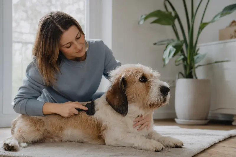 Ein Basset d'Artois wird liebevoll von seinem Besitzer zuhause gebürstet, was die Wichtigkeit der Fellpflege für die Gesundheit des Hundes zeigt.