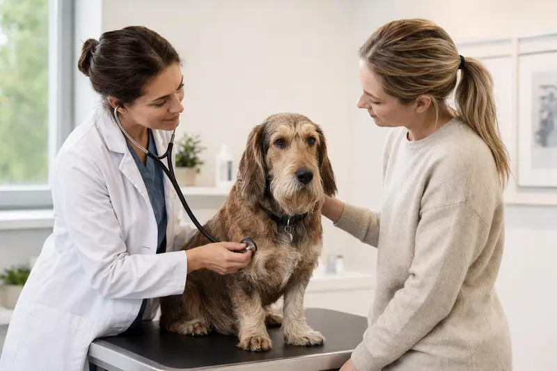 Ein Basset d'Artois Hund wird sanft von einer Tierärztin mit einem Stethoskop in einer modernen Praxis untersucht.