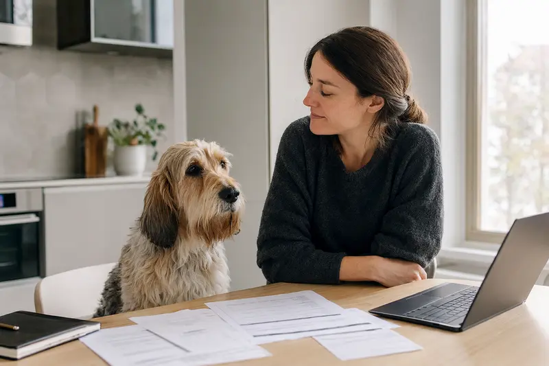 Ein Basset d'Artois Hund sitzt neben seinem Besitzer am Küchentisch, auf dem Versicherungsunterlagen und ein Laptop liegen.