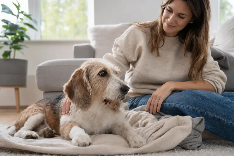 Ein Basset d'Artois Hund mit leichtem Verband an der Pfote liegt entspannt neben seinem Besitzer in einer hellen Wohnung.