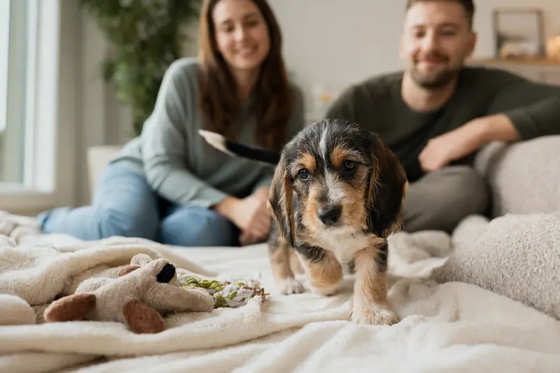 Ein neugieriger Basset d'Artois Welpe erkundet sein neues Zuhause mit einer weichen Decke und einem Spielzeug.