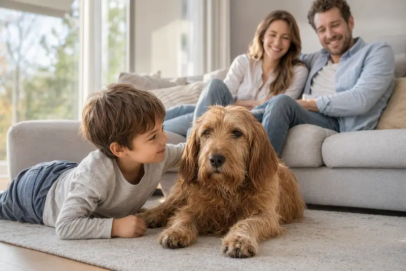 Ein freundlicher Basset Fauve de Bretagne Hund liegt entspannt neben einem Kind im Wohnzimmer.