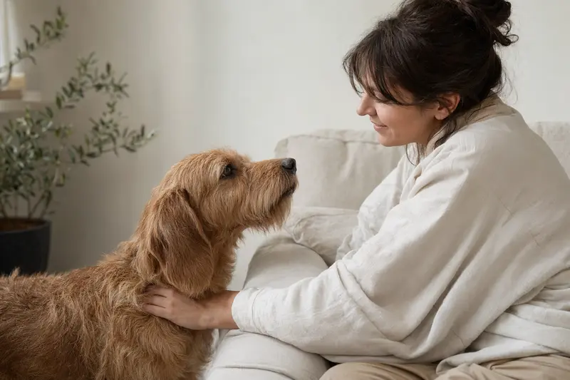 Ein Basset Fauve de Bretagne Hund steht aufmerksam vor einem hellen Hintergrund.