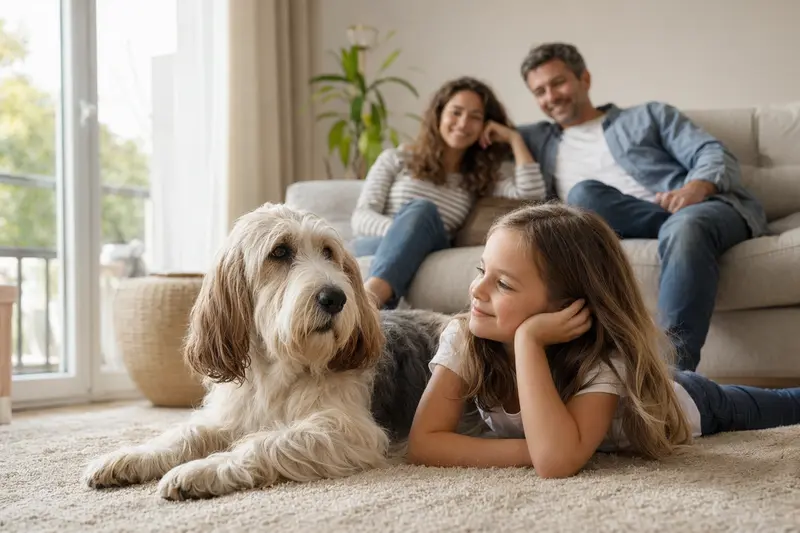 Ein entspannter Basset Griffon Vendeen Hund liegt neben einem Kind im Wohnzimmer und vermittelt eine vertrauensvolle Familienatmosphäre.