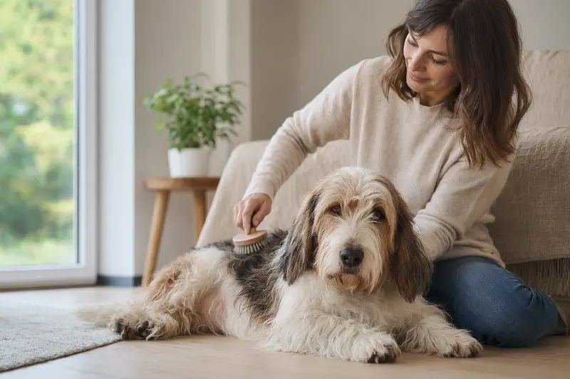 Ein Basset Griffon Vendeen wird liebevoll zuhause gebürstet und erhält die notwendige Fellpflege.