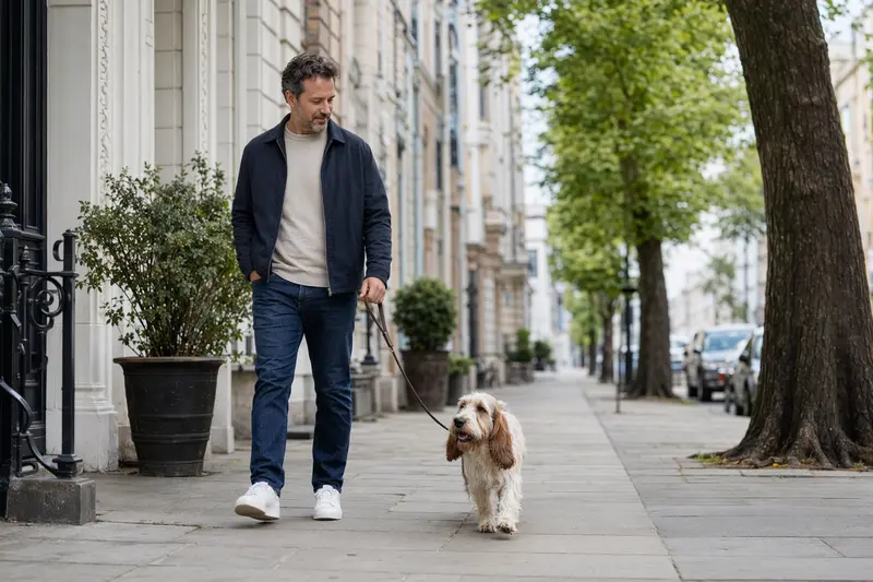 Ein Basset Griffon Vendeen Hund genießt einen entspannten Spaziergang an der Leine mit seinem Besitzer in einer modernen Stadt.