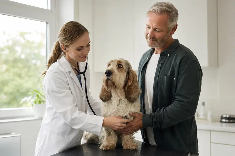 Ein Basset Griffon Vendeen Hund wird von einer Tierärztin auf einem Untersuchungstisch in einer hellen Praxis gründlich untersucht.