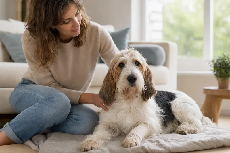 Ein Basset Griffon Vendeen mit leichtem Verband liegt entspannt auf einer Decke neben seinem erleichterten Besitzer in einer hellen Wohnung.