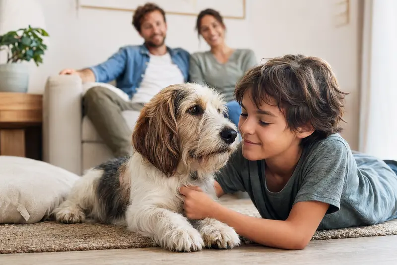 Ein freundlicher Basset Griffon Vendeen liegt entspannt neben einem Kind im hellen Wohnzimmer, während die Eltern im Hintergrund eine sichere Familienatmosphäre schaffen.