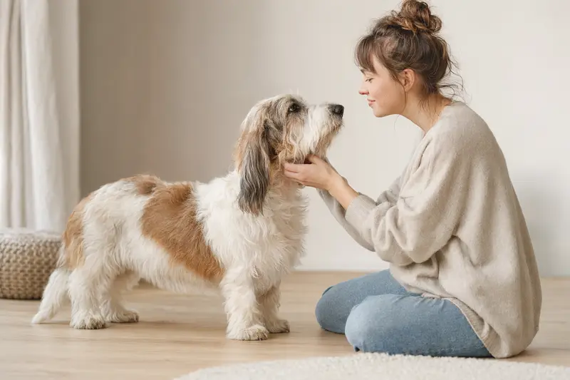 Ein aufmerksamer Basset Griffon Vendeen (Petit) Hund steht in natürlicher Haltung vor hellem Hintergrund.