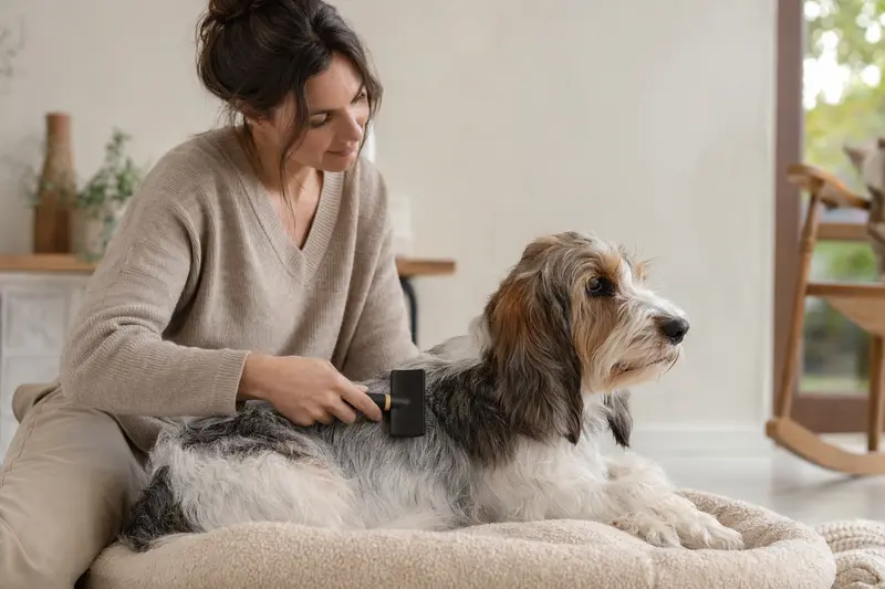 Ein Basset Griffon Vendeen (Petit) wird zuhause liebevoll gebürstet und gepflegt, was die verantwortungsvolle Fellpflege eines Hundes zeigt.