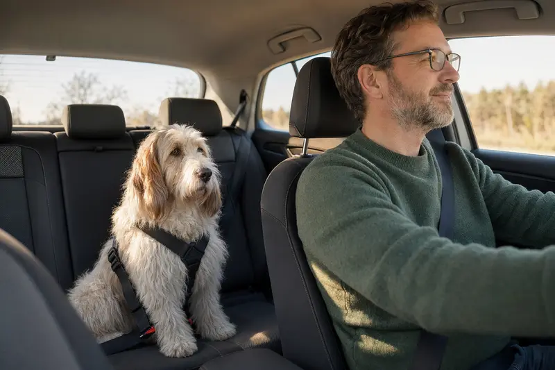 Ein Basset Griffon Vendéen (Petit) sitzt sicher angeschnallt auf der Rückbank eines Autos, während der Besitzer ruhig fährt.