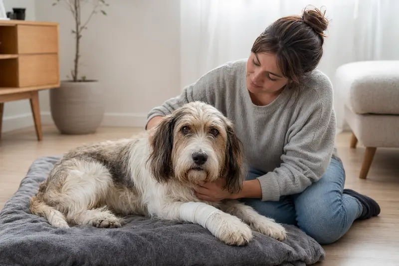 Ein Basset Griffon Vendeen (Petit) mit leicht bandagierter Pfote liegt ruhig auf einer Decke, während sein Besitzer neben ihm sitzt und erleichtert wirkt.