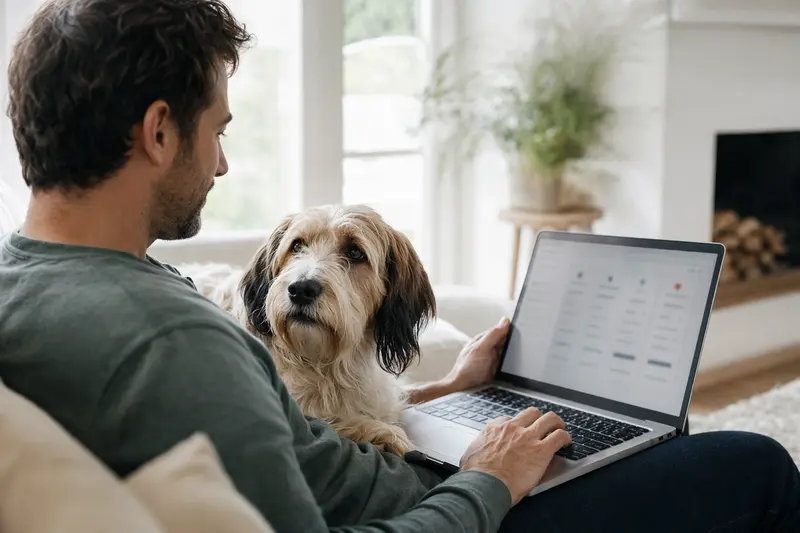 Besitzer mit Laptop auf dem Sofa, neben ihm ein Basset Griffon Vendeen Hund, am Bildschirm eine neutrale Versicherungsvergleichsseite.