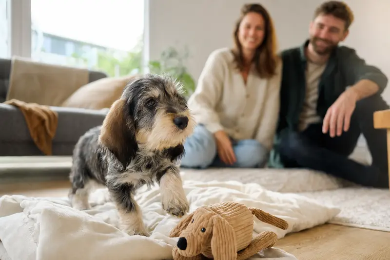 Neugieriger Basset Griffon Vendeen Welpe entdeckt sein neues Zuhause auf einer weichen Decke neben Spielzeug in einer hellen Wohnung.