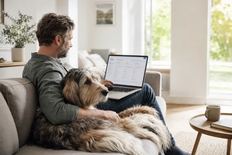 Ein Hundebesitzer arbeitet am Laptop auf dem Sofa, neben ihm sitzt ein Basset Griffon Vendeen, während die Versicherungsvergleichs-Oberfläche sichtbar ist.