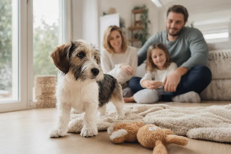 Ein neugieriger Basset Griffon Vendeen Welpe erkundet sein neues Zuhause mit weicher Decke und Spielzeug, umgeben von seiner liebevollen Familie.