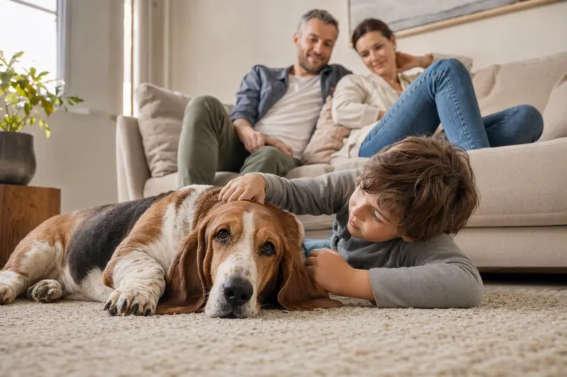 Ein freundlicher Basset Hound liegt entspannt neben einem Kind im Wohnzimmer.