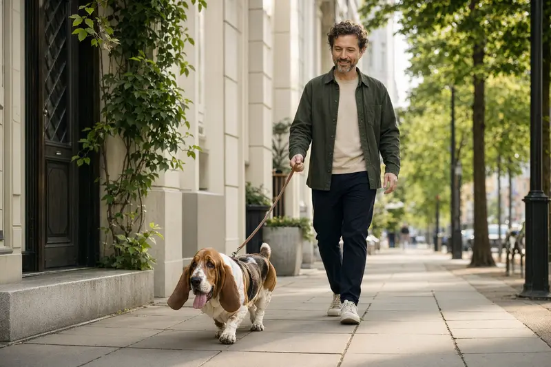 Ein Basset Hound läuft entspannt an der Leine mit seinem Besitzer durch eine moderne Stadtstraße.