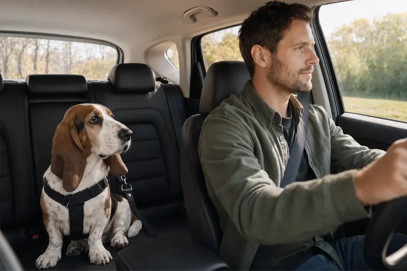 Ein Basset Hound sitzt anschnallt auf der Rückbank eines Autos und genießt die sonnige Fahrt mit seinem verantwortungsbewussten Besitzer.