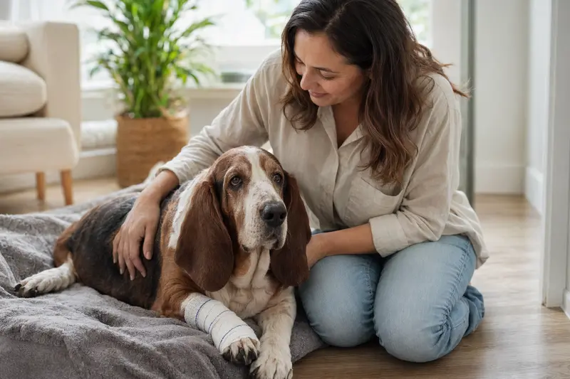 Ein entspannter Basset Hound mit Verband an der Pfote liegt neben seinem erleichterten Besitzer in einer hellen Wohnung.