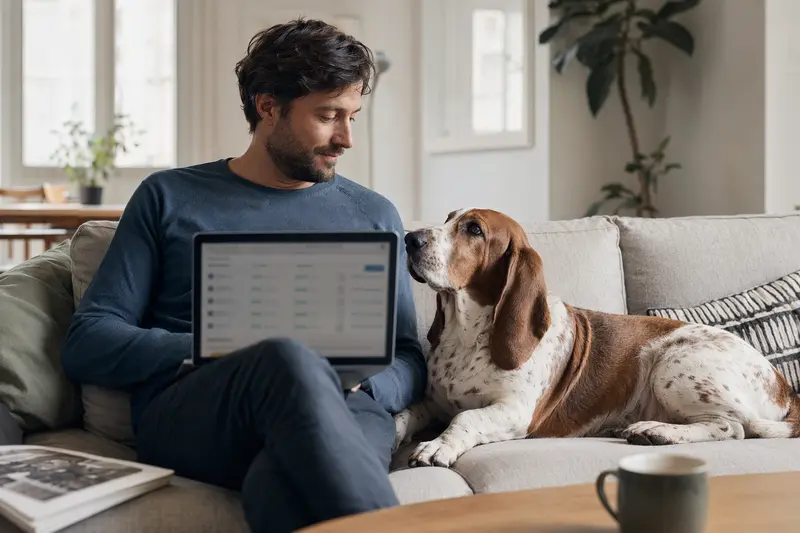 Besitzer arbeitet am Laptop auf dem Sofa, während ein Basset Hound neben ihm sitzt und eine neutrale Versicherungsvergleichsseite auf dem Bildschirm zu sehen ist.