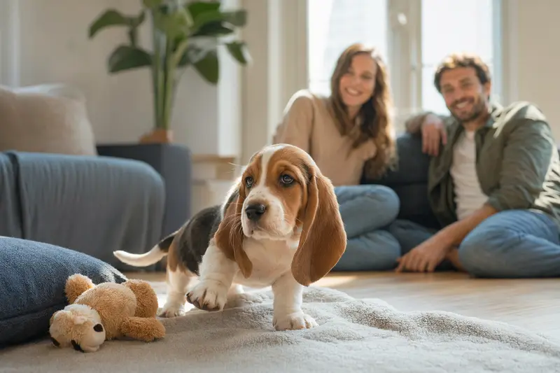 Ein junger Basset Hound Welpe erkundet neugierig sein neues Zuhause mit einer weichen Decke und Spielzeug.
