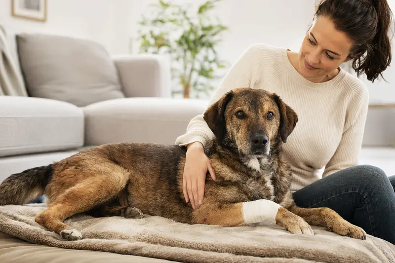 Ein Bawarski Sokol Hund mit einem Verband an der Pfote, der beruhigend auf einer Decke liegt, während sein erleichterter Besitzer daneben sitzt.