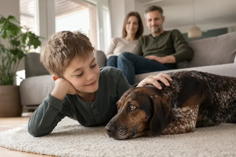 Ein entspannter Bayerischer Gebirgsschweißhund liegt neben einem Kind in einem hellen Wohnzimmer.