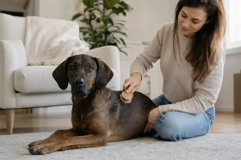 Ein Bayerischer Gebirgsschweißhund wird in einer hellen Wohnung sanft gebürstet, während sein Besitzer sich liebevoll um die Fellpflege kümmert.