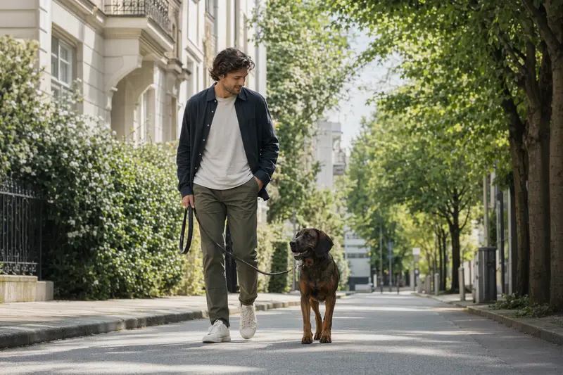 Ein Bayerischer Gebirgsschweißhund läuft glücklich an der Leine mit seinem Besitzer durch eine freundliche Stadtstraße.