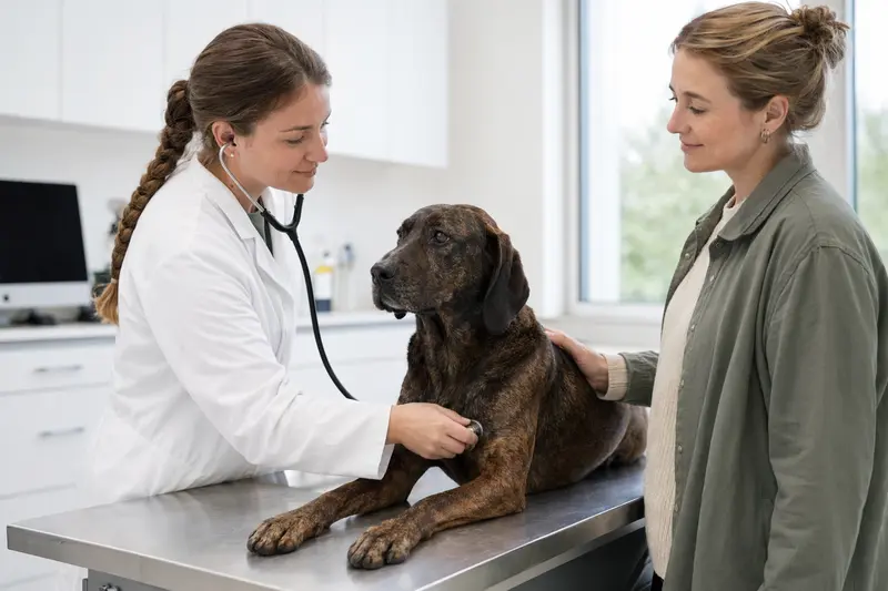 Ein ruhiger Bayerischer Gebirgsschweißhund wird von einer freundlichen Tierärztin in einer modernen Praxis mit einem Stethoskop untersucht.